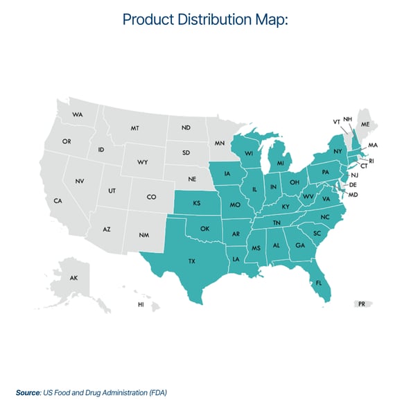 July 24 2026 Cyclospora Product Distribution Map
