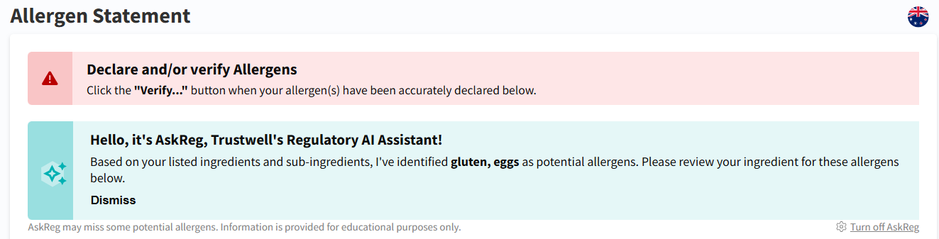 AskReg Allergen Suggestions in Genesis Foods