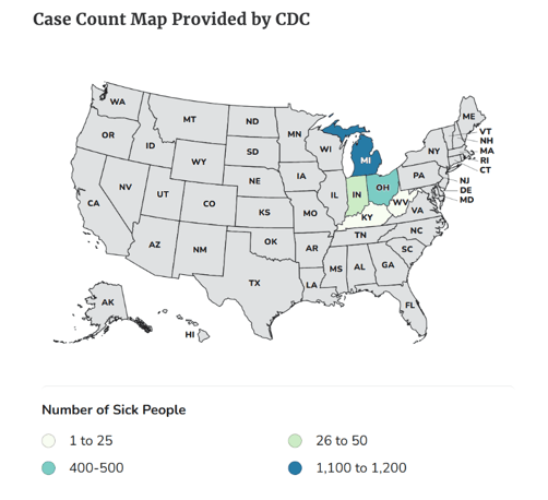 A map of the united states showing states where confirmed cyclospora illnesses were traced back to Taco Bell