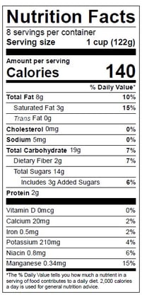 A finalized Nutrition Facts label in Genesis R&D for Fruit Salad, with 8 servings per container and 140 calories per serving.