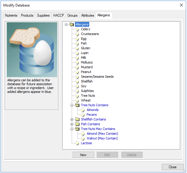 list of allergens in genesis foods labeling software