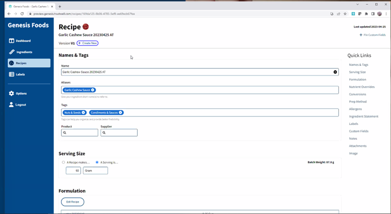 A peak into the new user interface for Genesis Foods, with streamlined recipe creation.