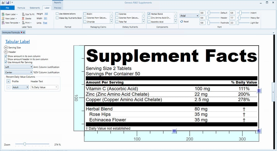 Genesis R&D Supplements software with Supplement Fact label