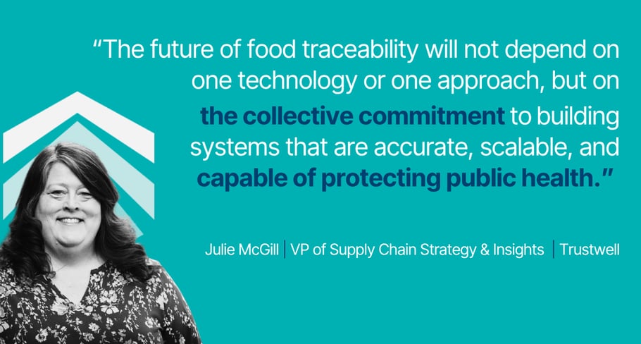 Julie McGill quote on food traceability systems that protect public health, with Trustwell branding and portrait.