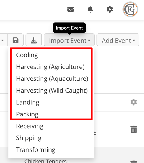 Event import dropdown with options like cooling, harvesting, packing, shipping, and transforming for traceability tracking.