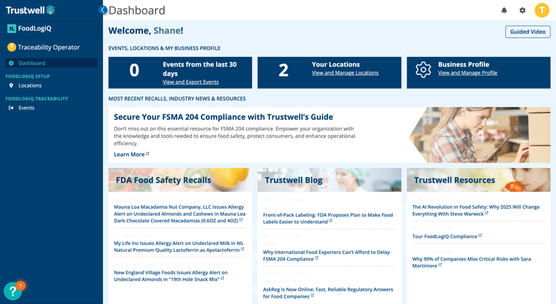 Trustwell dashboard showing event tracking, FSMA 204 compliance guide, recalls, blog posts, and resources for traceability operators.