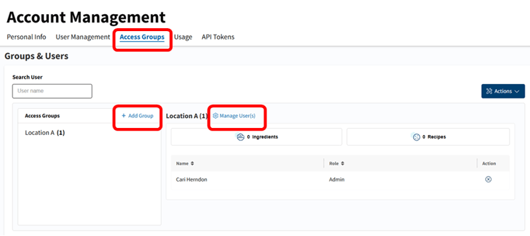 Account management screen showing access groups, user management options, and roles.