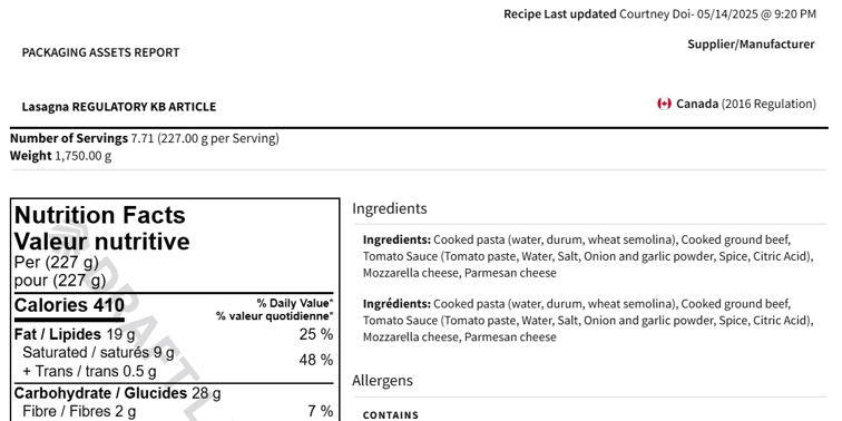 Draft nutrition label for lasagna recipe showing ingredients, nutrition facts, and allergen declarations under Canadian regulations.