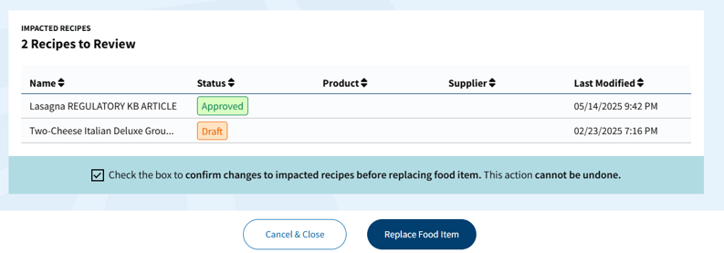 Interface showing two recipes, one approved and one draft, requiring review due to ingredient change.