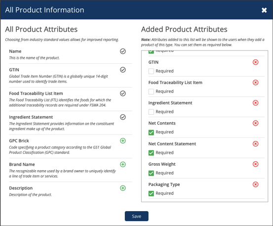 A screenshot of our Product information widget, showing the new attributes of Packaging Type, gross weight, and other attributes.