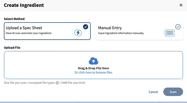 Screenshot of Create Ingredient modal with Upload Spec Sheet option selected and drag-and-drop file upload area with scan button.